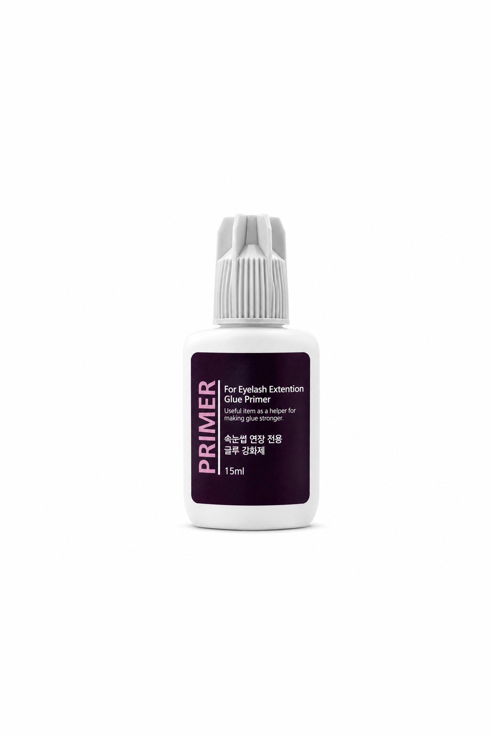 Primer MKPMU para extensiones de pestañas, frasco de 15ml sobre fondo blanco